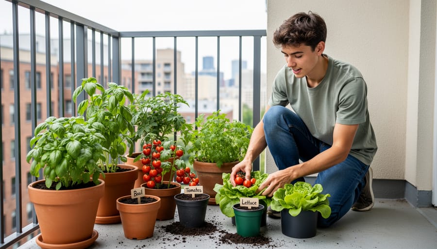 Beginner gardener arranging three container planters with herb seedlings on a sunny balcony
