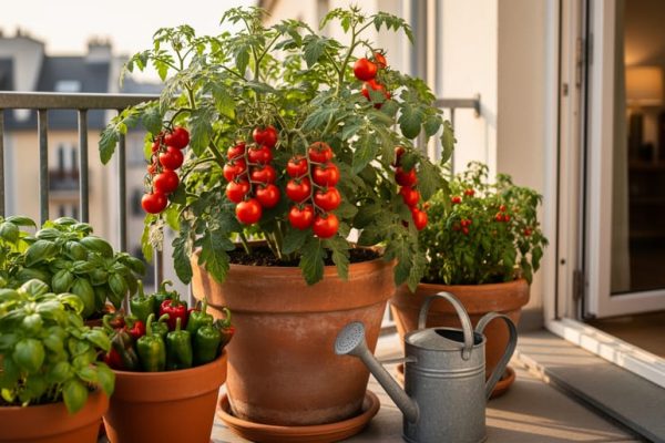 Balcony container garden with cherry tomato plant, basil and pepper plants in pots, and a watering can beside the containers in soft morning light.