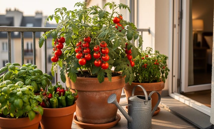 Balcony container garden with cherry tomato plant, basil and pepper plants in pots, and a watering can beside the containers in soft morning light.
