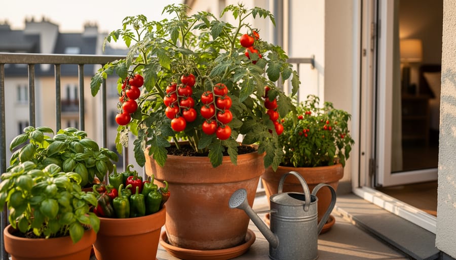 Balcony container garden with cherry tomato plant, basil and pepper plants in pots, and a watering can beside the containers in soft morning light.