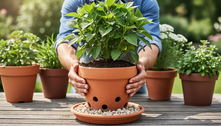 Close-up of container pots showing drainage holes with saucers and wet potting mix