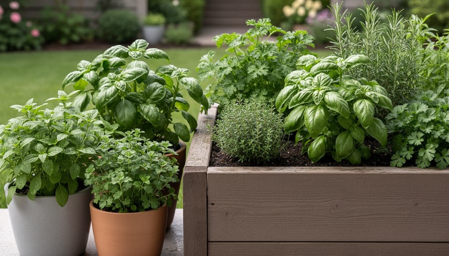 Healthy herbs growing in a raised bed and containers in a backyard setting.