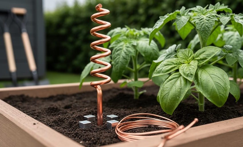 “Close-up of young tomato plants in a raised garden bed with a spiraled copper antenna stake and copper wiring near the soil.”