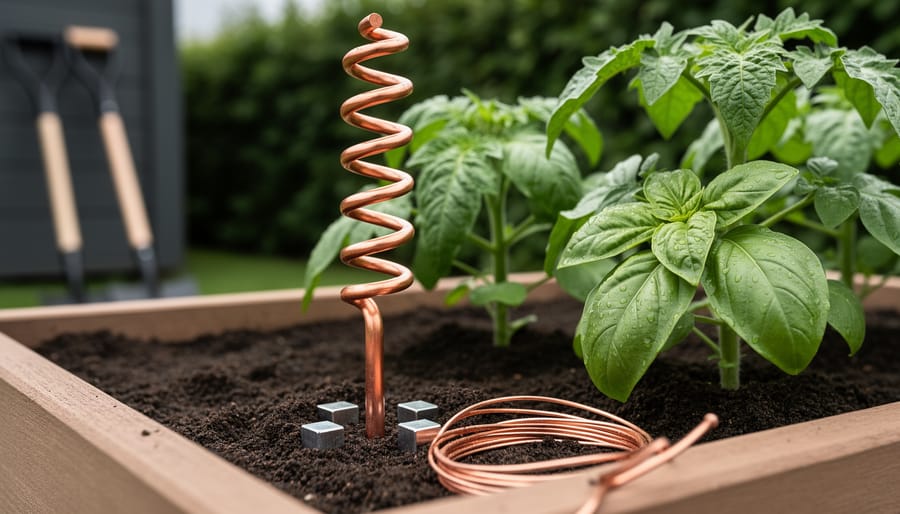 “Close-up of young tomato plants in a raised garden bed with a spiraled copper antenna stake and copper wiring near the soil.”