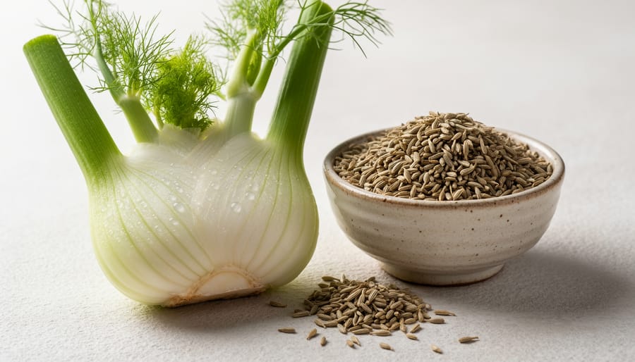 Fennel bulb and fennel seeds arranged on a plate with a knife on a countertop.
