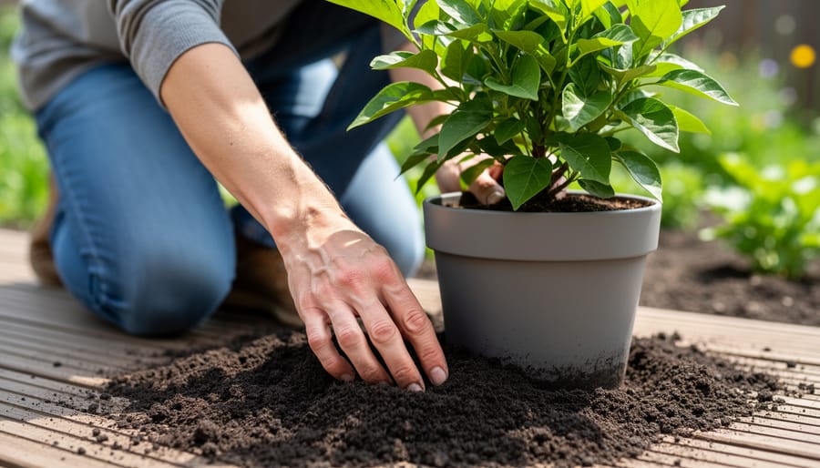Hands checking the soil moisture in a container garden with fingertips near the soil surface