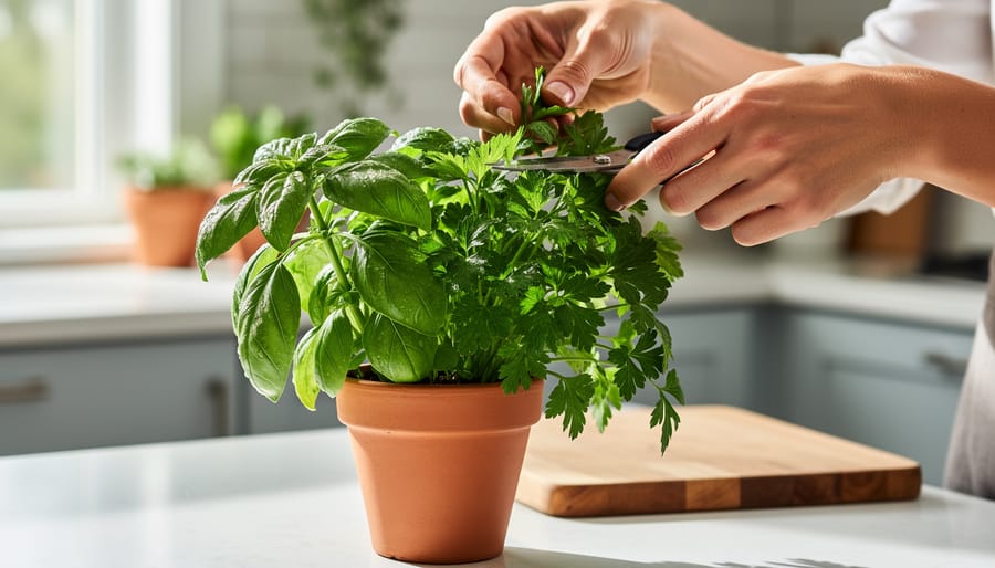 Close-up of hands harvesting basil and chives from a potted herb garden using small scissors.