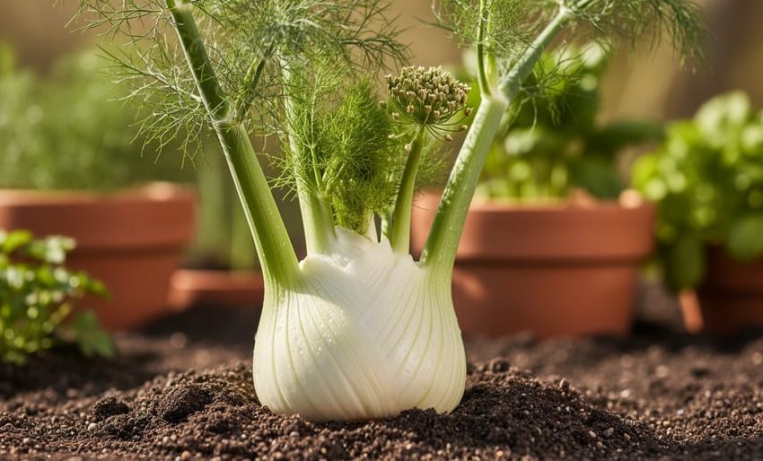 “Florence fennel plant with a white bulb emerging from the soil and feathery green fronds, with fennel seeds on a seed head in a Mediterranean herb garden.”