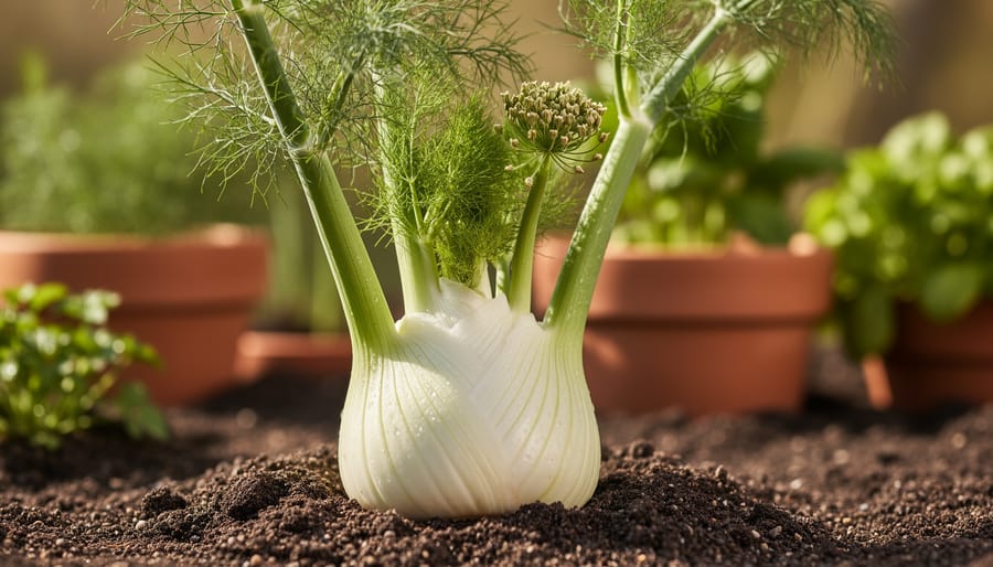 “Florence fennel plant with a white bulb emerging from the soil and feathery green fronds, with fennel seeds on a seed head in a Mediterranean herb garden.”