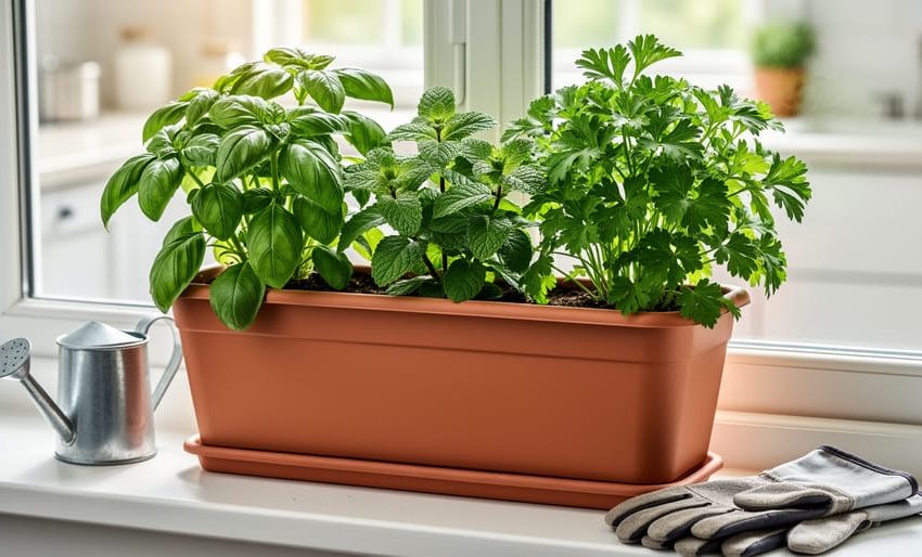 A sunny windowsill planter with fresh basil, mint, and parsley, with a small watering can and gardening gloves nearby.