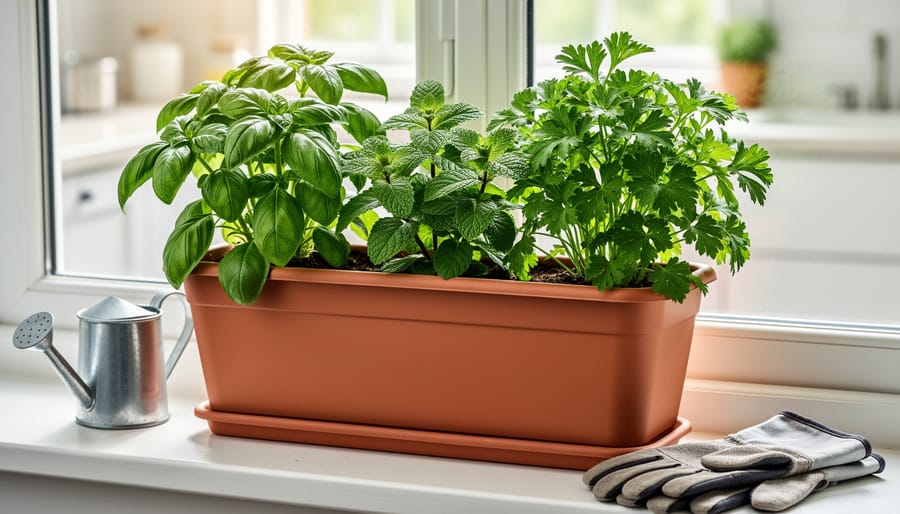 A sunny windowsill planter with fresh basil, mint, and parsley, with a small watering can and gardening gloves nearby.