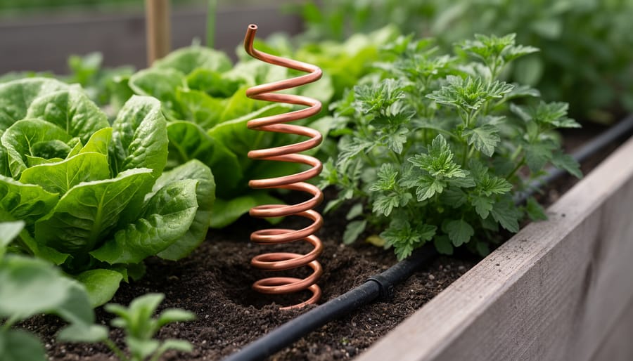Copper spiral wire placed near the base of healthy leafy greens in a home garden bed.