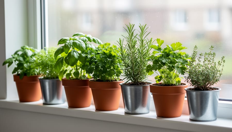 Beginner’s kitchen herb garden with several herb pots on a sunny windowsill, including basil, parsley, chives, and mint.