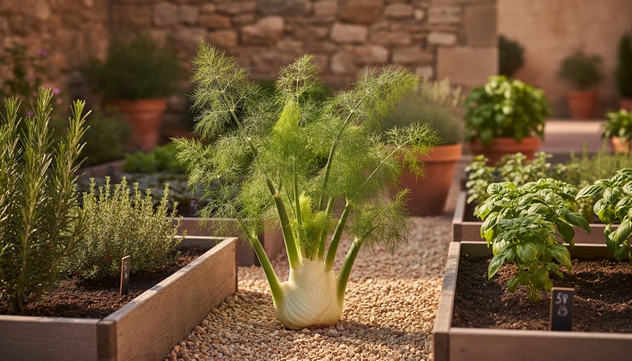A mature fennel plant growing in a Mediterranean herb garden with feathery fronds and bulb bases visible.