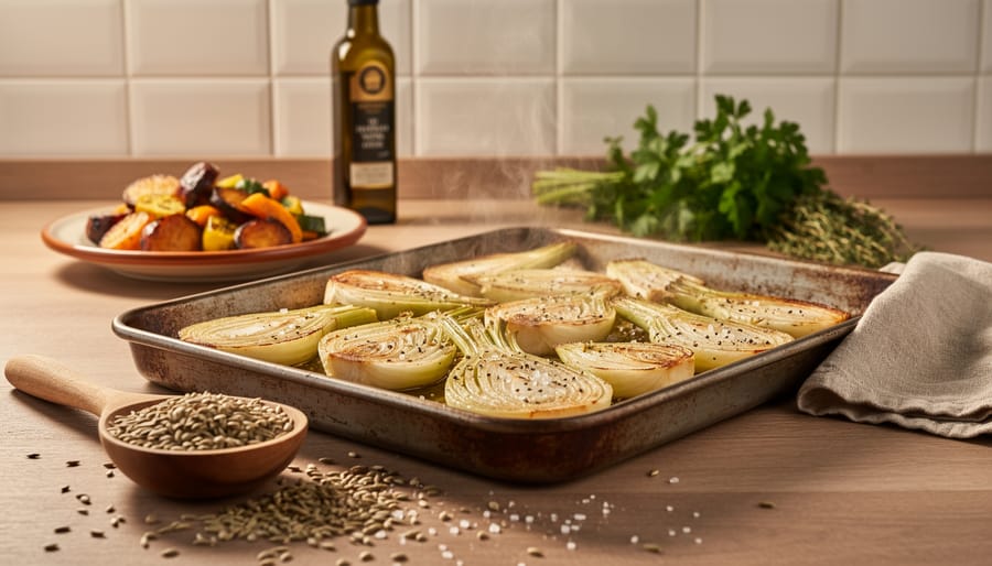 Roasted fennel in a serving dish with toasted fennel seeds held on a kitchen table in warm sunlight.