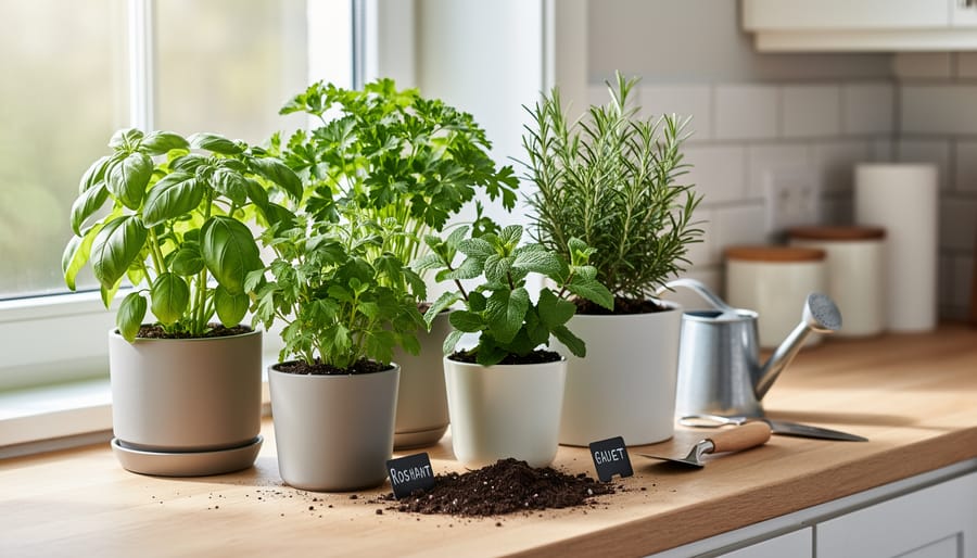 Healthy green herbs growing in a container planter with sunlight highlighting the leaves