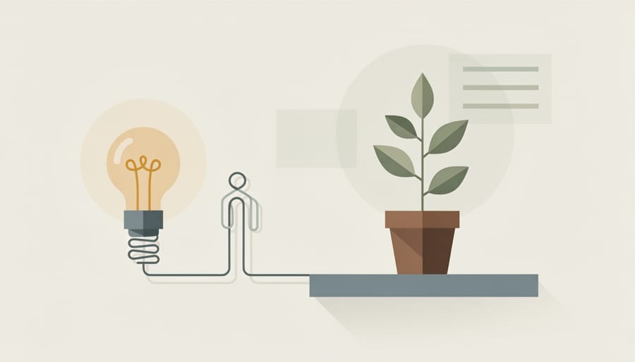 Potted plant on a wooden table with antique copper and brass electrical equipment in the blurred background.