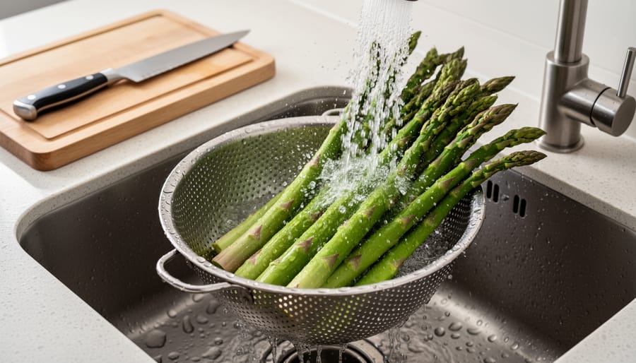 Asparagus being rinsed under cold water in a colander over a kitchen sink