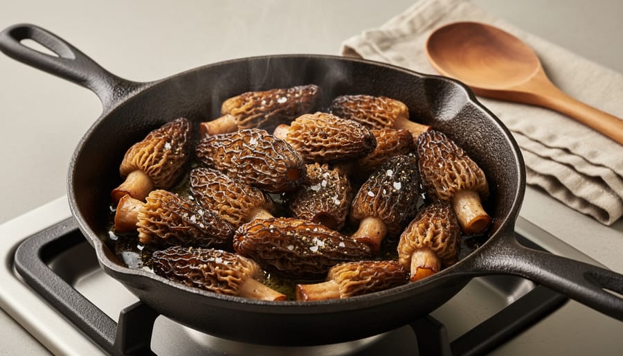 Cast-iron skillet with sautéed morel mushrooms browning in butter with visible garlic pieces.