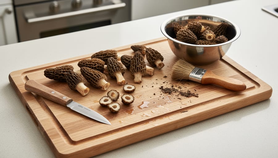 Cleaned morel mushrooms on a wooden cutting board with knife and a bowl of saltwater soak nearby.