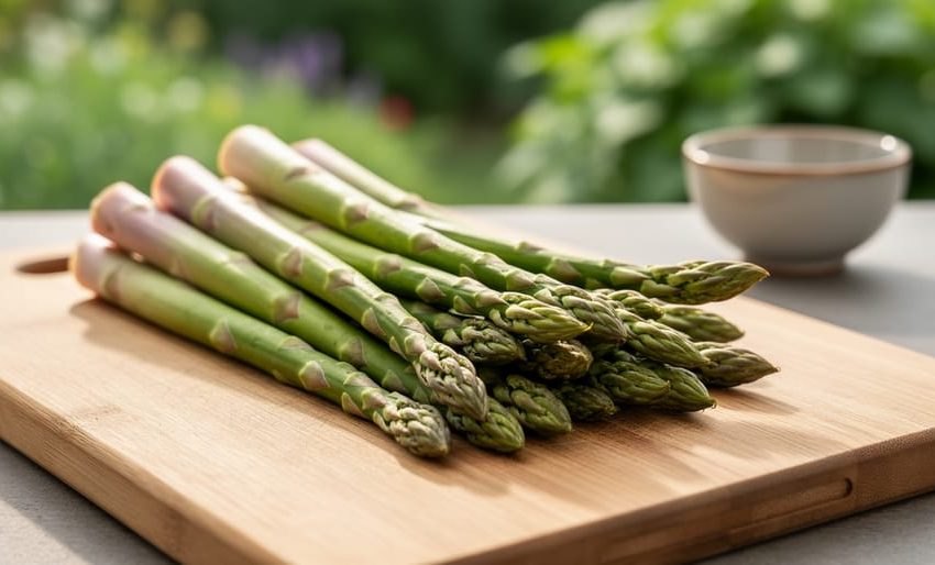 “Close-up of fresh asparagus spears on a wooden cutting board under soft natural daylight.”