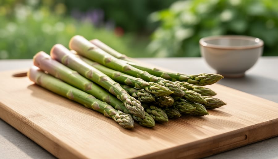 “Close-up of fresh asparagus spears on a wooden cutting board under soft natural daylight.”