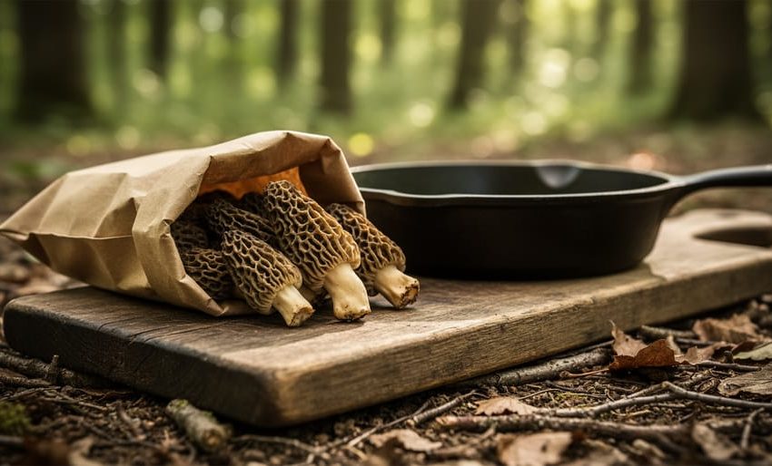 Freshly foraged morel mushrooms with honeycomb caps on a wooden cutting board next to a cast-iron skillet and a brown paper bag.