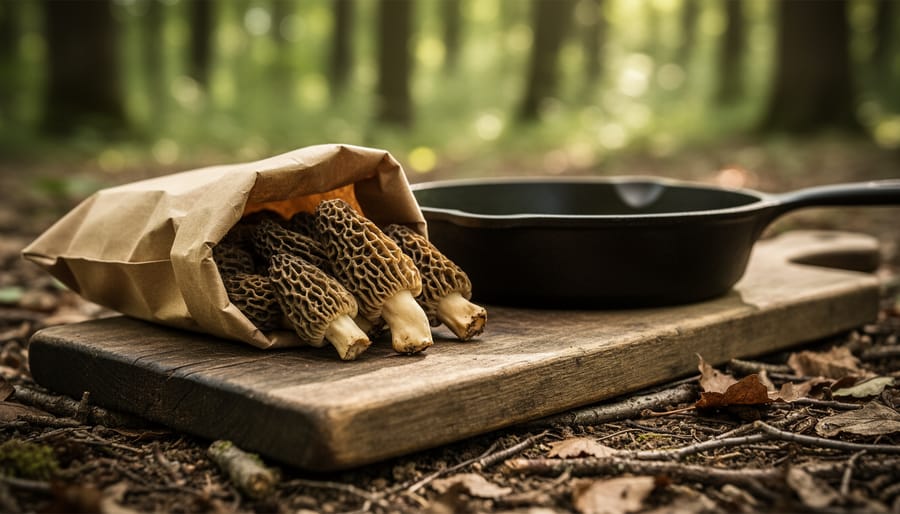 Freshly foraged morel mushrooms with honeycomb caps on a wooden cutting board next to a cast-iron skillet and a brown paper bag.