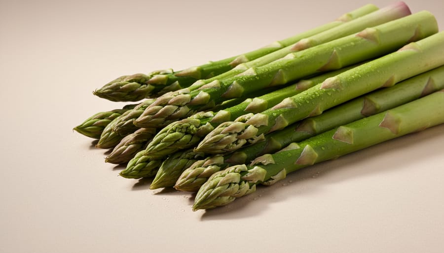 Fresh green asparagus spears with tightly closed tips on a cutting board
