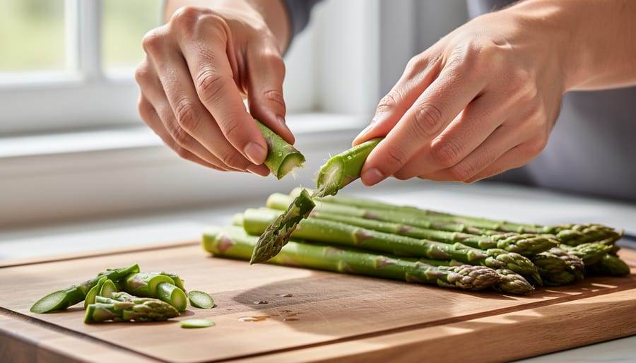 Gardener hands snapping asparagus over a compost bucket outdoors