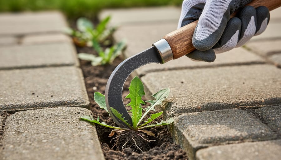 Gardener using a nejiri gama weeding sickle between paving stones
