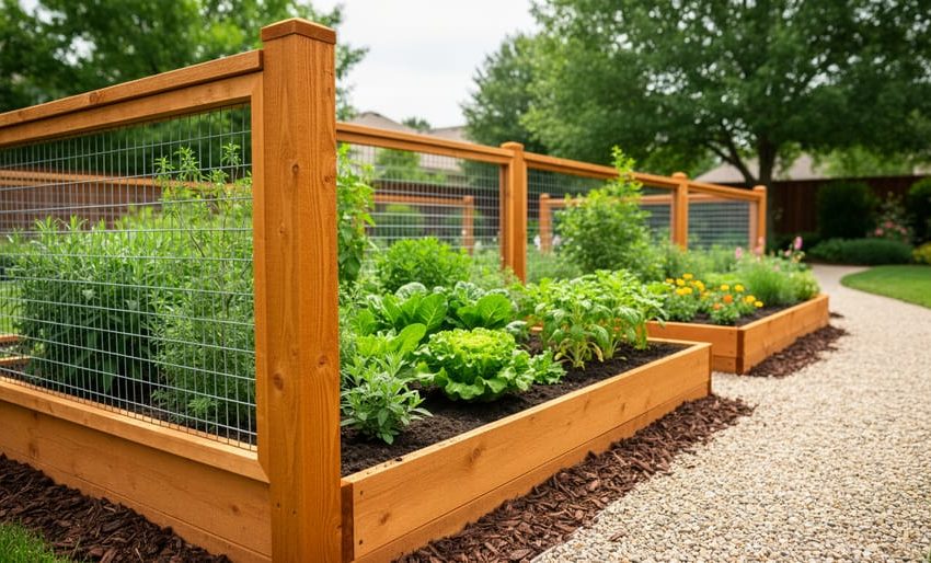 A sturdy gardening fence surrounds raised garden beds with healthy green plants, showing a protected backyard growing area.