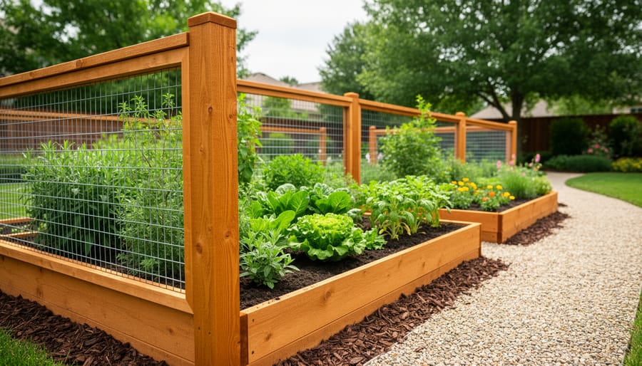 A sturdy gardening fence surrounds raised garden beds with healthy green plants, showing a protected backyard growing area.