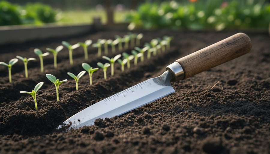 Hori hori soil knife resting on dark garden soil next to newly planted seedlings