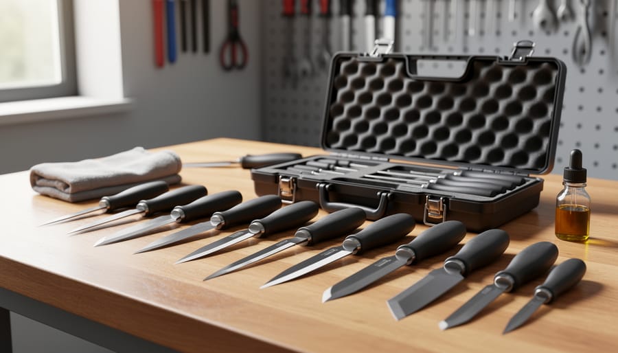 Japanese gardening tools cleaned and oiled on a wooden bench