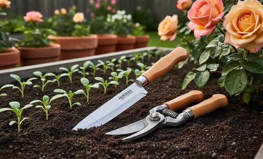 Close-up of Japanese gardening tools, including a hori hori knife and pruning shears, on dark soil near young seedlings and blooming roses.