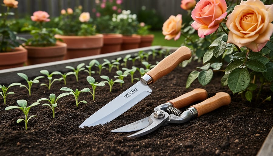 Close-up of Japanese gardening tools, including a hori hori knife and pruning shears, on dark soil near young seedlings and blooming roses.