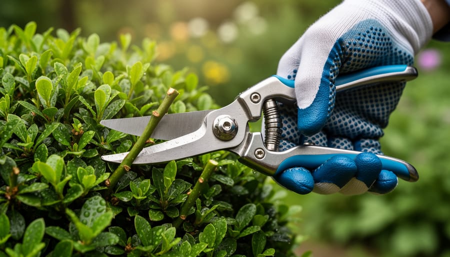 Japanese pruning shears trimming a flowering shrub branch