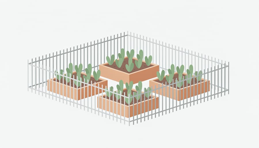 Overhead view of raised garden beds enclosed with fencing around a vegetable patch