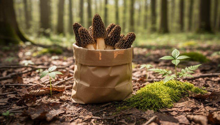Paper bag of freshly foraged morel mushrooms on a damp forest floor.