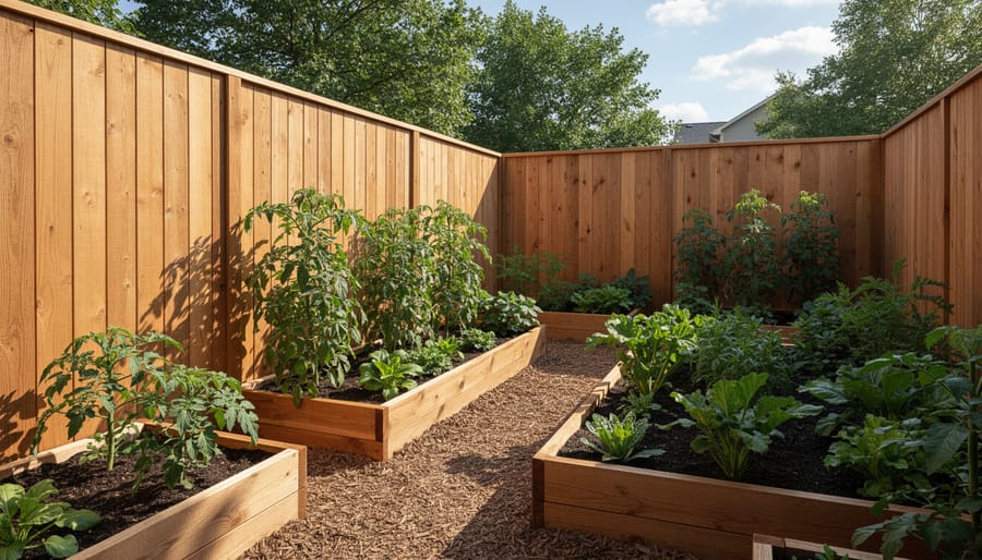 Solid timber privacy fence and gate in a backyard garden