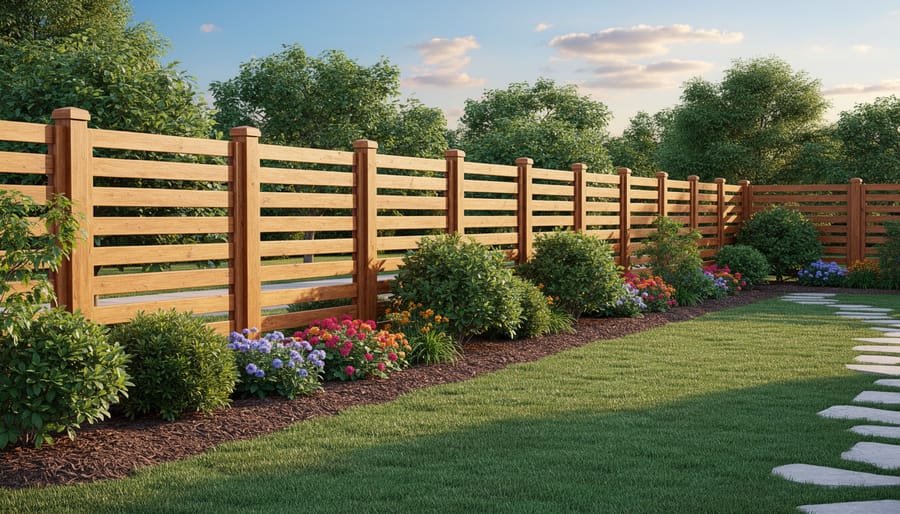 Wooden picket fence enclosing raised vegetable beds in a backyard garden