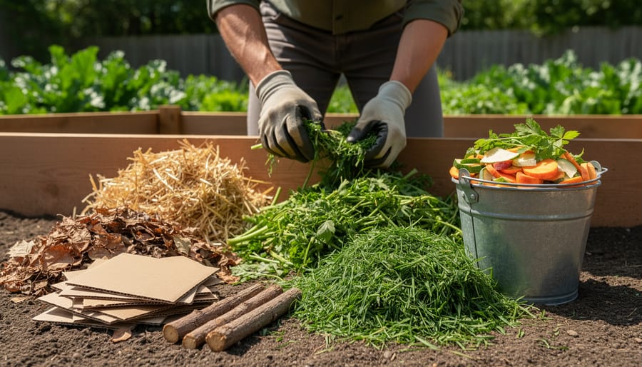Gloved gardener preparing assorted organic materials like dried leaves and composted scraps in a wheelbarrow for a lasagna garden bed.