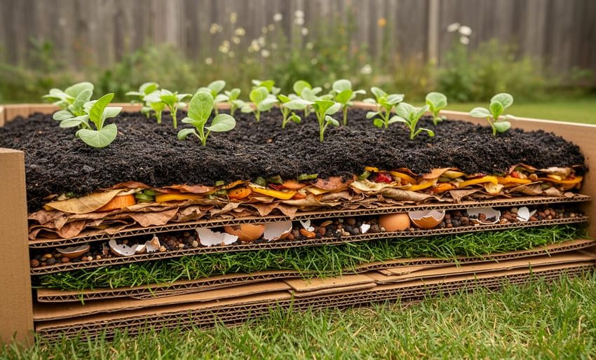 Layered no-dig lasagna garden bed over grass with cardboard, leaves, compost, and fresh green materials, with small seedlings emerging.