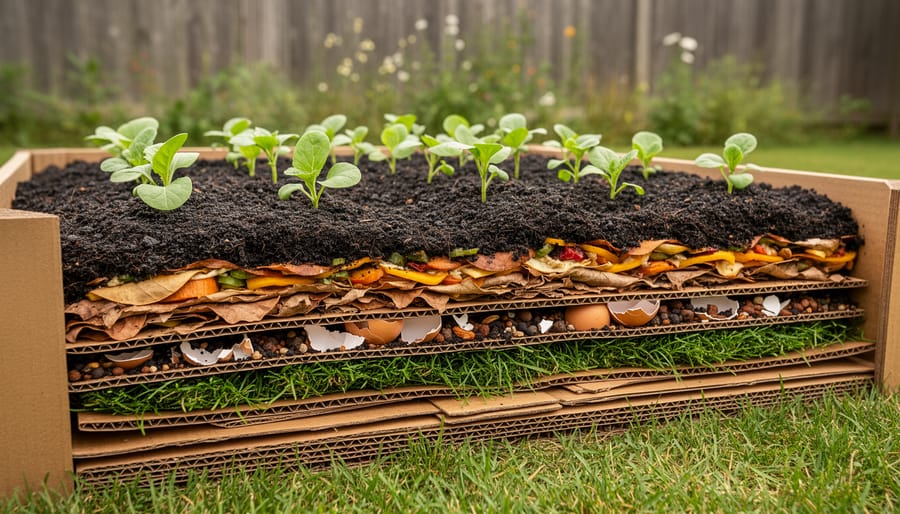 Layered no-dig lasagna garden bed over grass with cardboard, leaves, compost, and fresh green materials, with small seedlings emerging.