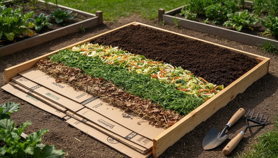 A backyard no-dig garden bed with overlapping cardboard and layered organic materials visible on the soil surface.