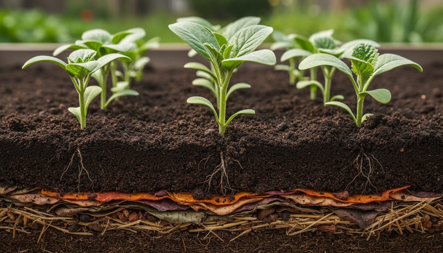 Young tomato and leafy greens growing in a dark, compost-rich lasagna garden bed at golden hour.