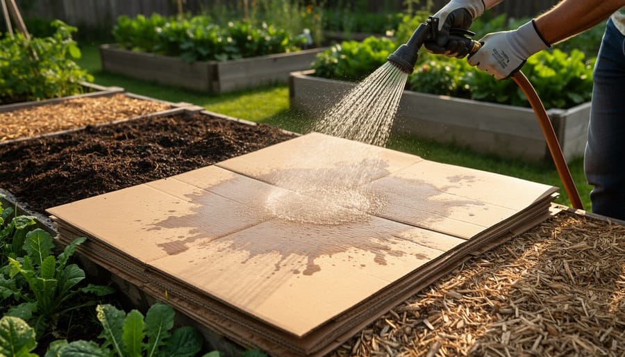 Handwatering wet cardboard and newspaper layers inside a no-dig lasagna garden bed.