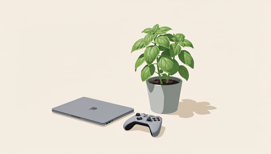 Hydroponic basil plant next to a closed laptop and unused gaming controller on a desk