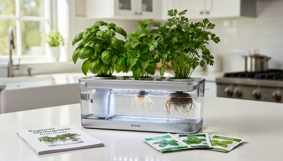 Countertop hydroponic growing system with basil plants and visible water reservoir.